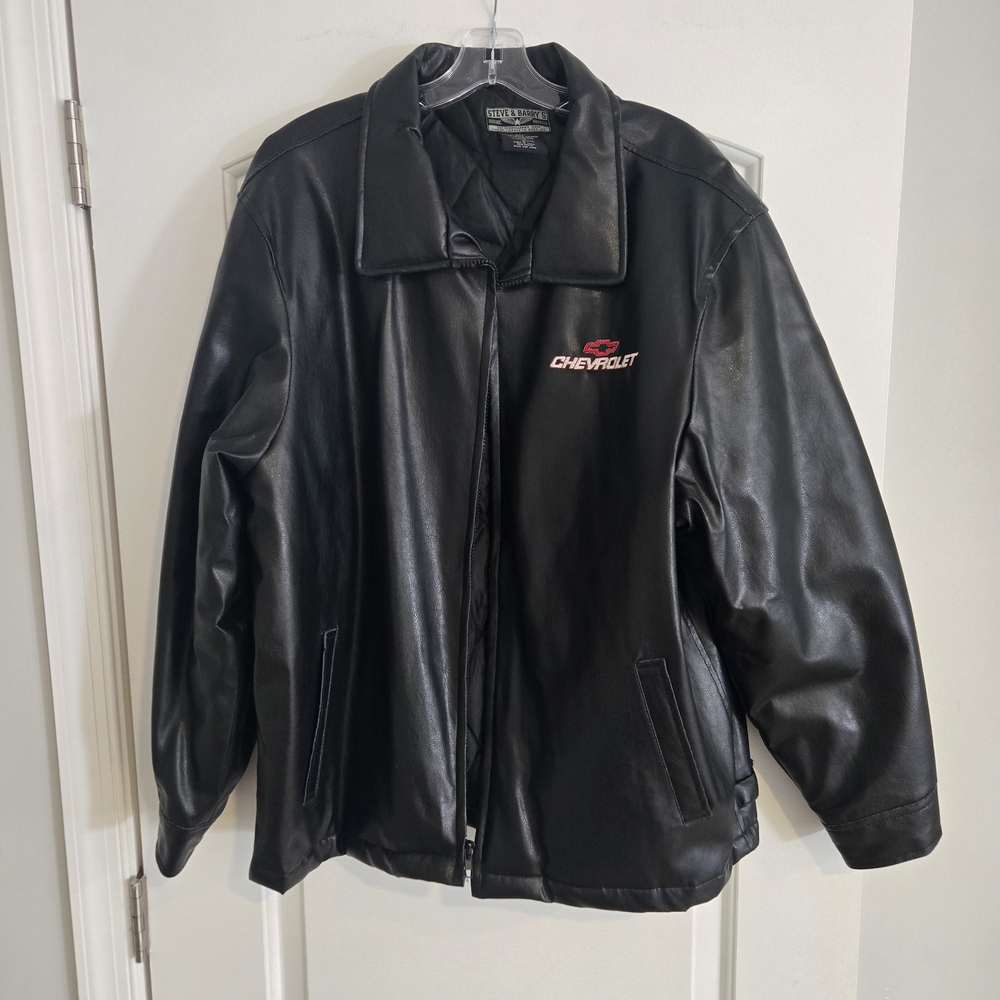 Steve & Barry's Chevrolet Jacket Men's Large Black Faux Leather Quilted‎ Lined